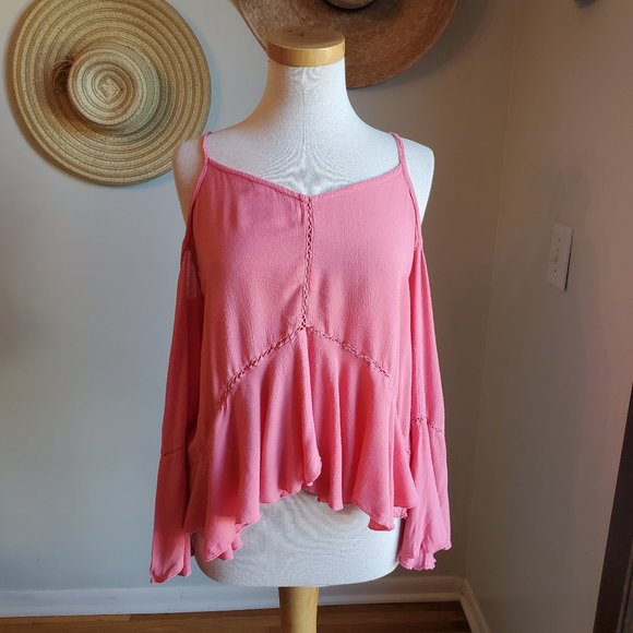 Cold Shoulder Pink Top with Embroidery and Ruffle - Picture 1 of 5